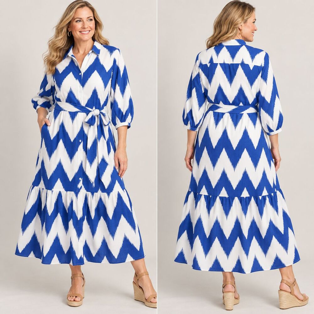Chico's Shirtdress Size 3 16 Chevron Maxi Tiered Belted Dress Blue White Pockets